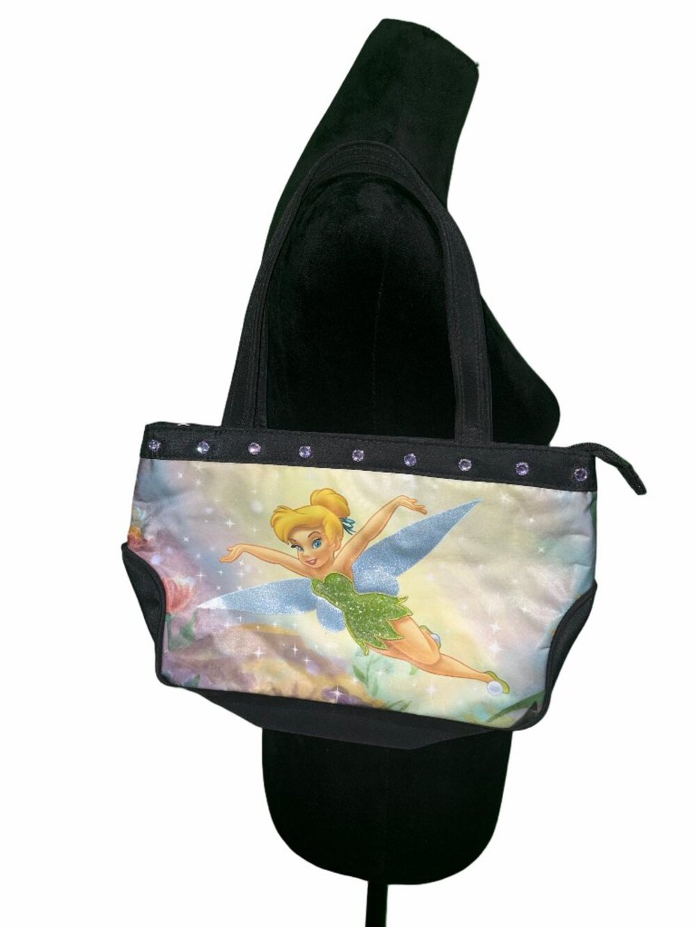 🆕💜 Tinkerbell Print on Black Shoulder Purse with Studded Trim